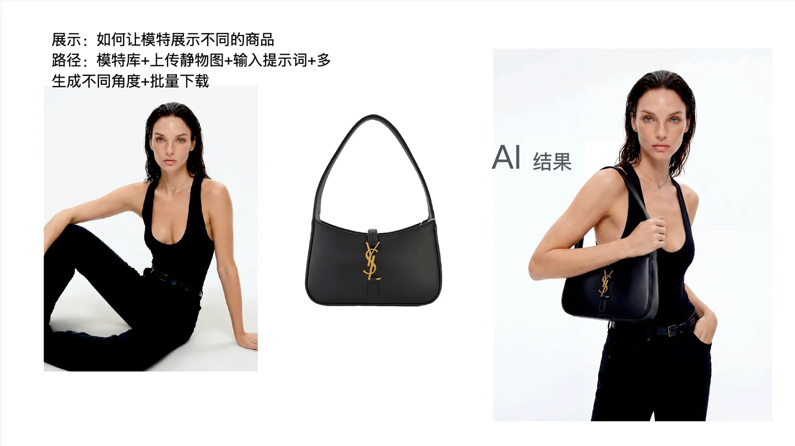 AI 模特图案例：模特库人物结合手袋商品图生成不同角度的商品展示大片