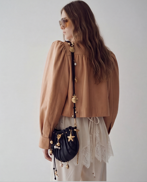 AI Lookbook 生成结果：米色外套和黑色手袋的背面细节角度