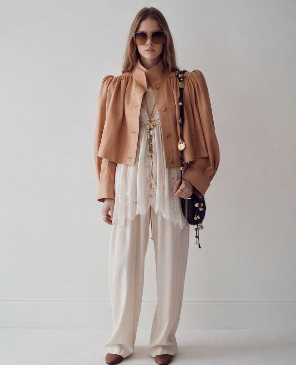 AI Lookbook 生成结果：米色外套造型的正面全身商品展示图