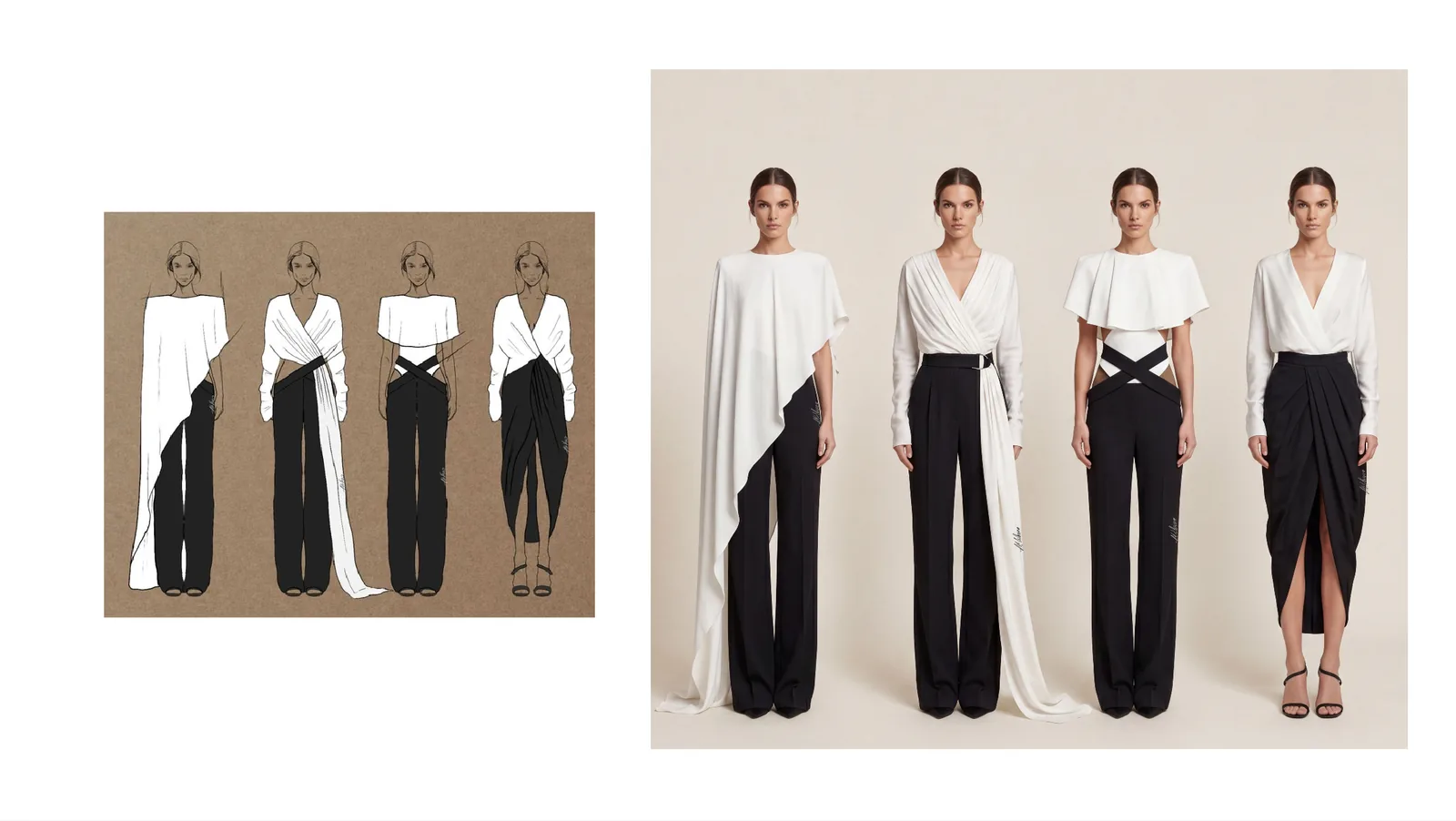 AI Lookbook 生成案例：黑白服装设计草图延展为整组模特系列图