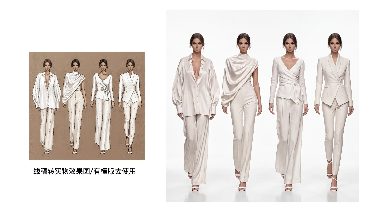 AI 时尚设计案例：服装线稿转换为白色系列模特实物效果图